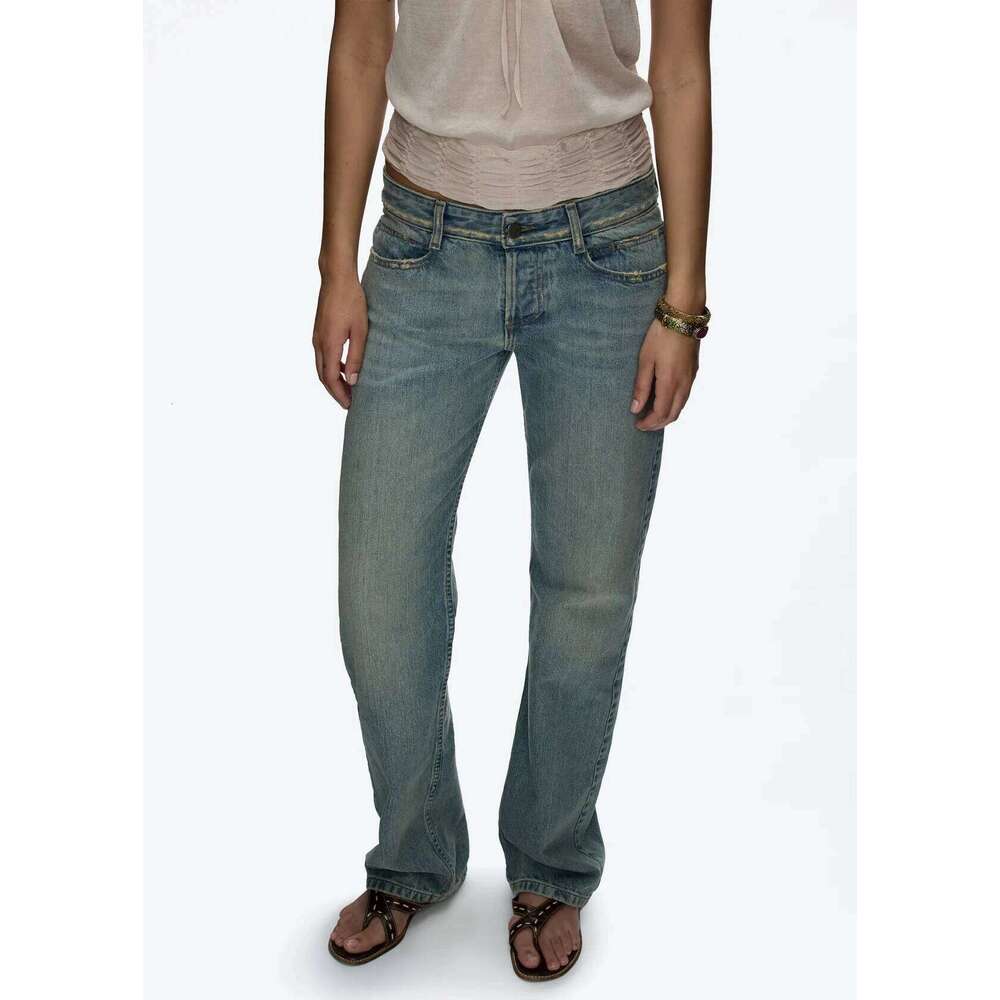 tank Vintage Blue Washed and Distressed Denim Jeans Low Waist Slim Fit Straight Leg Pants