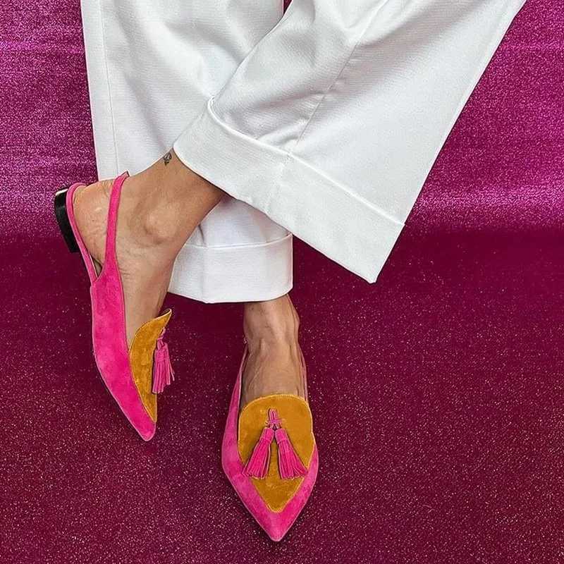 New Summer Color Block Womens Shoes 40-43 Large Pointed Tassel Low Heel Back Air Sandals High Heels Womens Shoes W250814