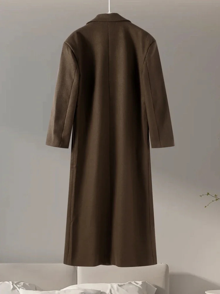 Fashion Womens Faux Wool Long Coat Vintage Lapel Long Sleeve Double Breasted Female Coat Autumn Winter Loose Lady Overcoat 250813