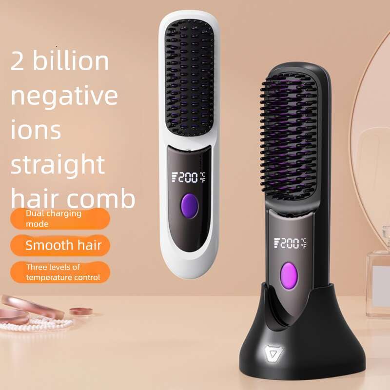 New Wireless Hair Brush Negative Ion Non Damaging Long Battery Life Portable Dual Use Curling And Straightening Iron