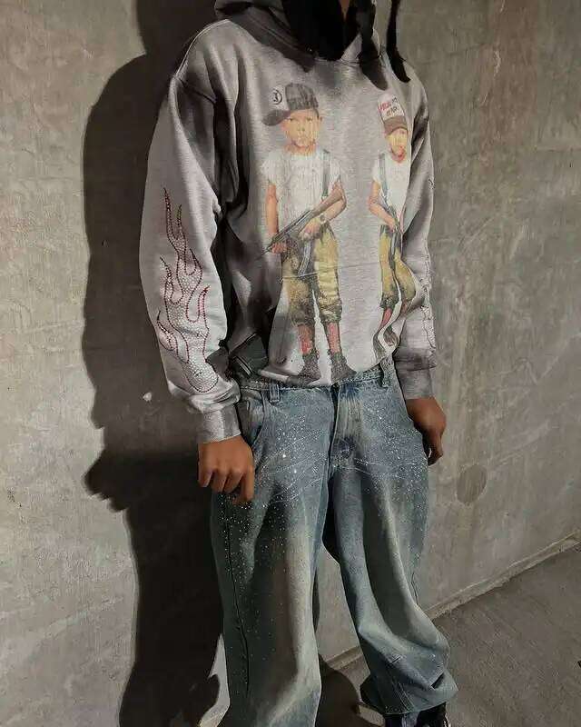 Vintage Streetwear Hoodie Bold Graphic Print Militaryinspired Outfits Flame Detail On Sleeves Cool Urban Style For Casual Wear