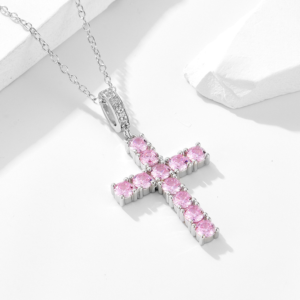 Hip Hop Cross Necklace for Women Sier Trendy Versatile Light Pink Zircon Pendant Collarbone Chain