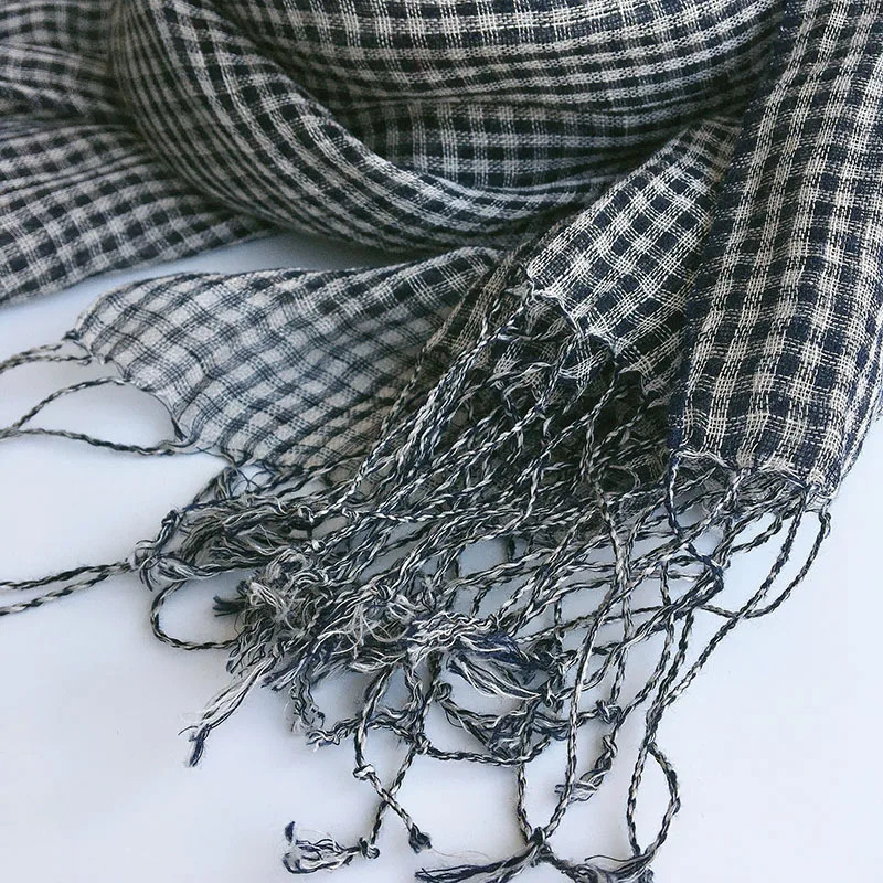 Spring/Summer Small Plaid Tassel Linen Scarf 250808