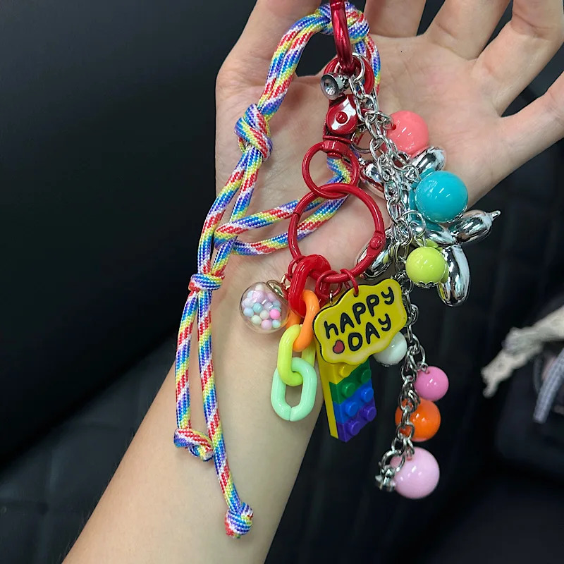 Ins Rainbow Beads Novel Personalized Hanging Chain Car Phone Case Key Bag Pendant For Men And Women Hanging Chain Jewelry 250811
