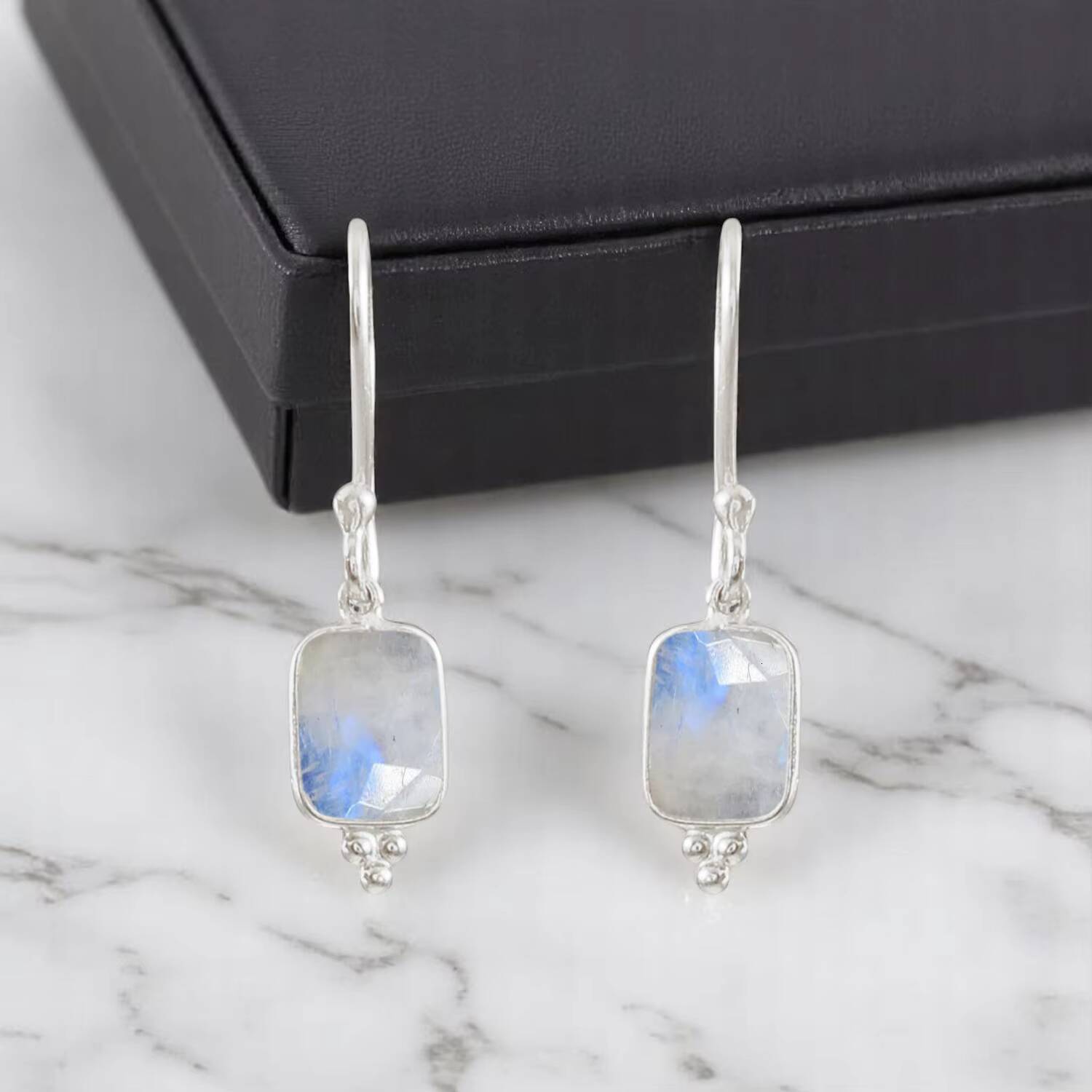 Sterling Sier Rainbow Moonstone Rectangular Inlay Frame Set Pendant Women's Loose Fashion Earrings