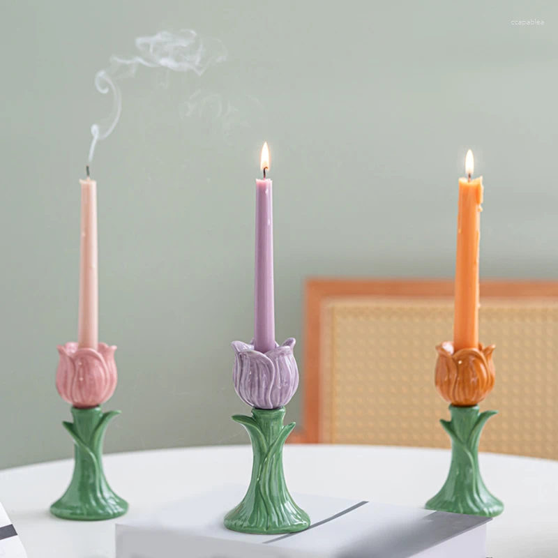 Candle Holders Ceramic Holder Cartoon Flower Shape Candelabrum Desktop Storage Accessories Candlestick Home Decoration H260310