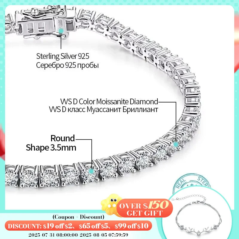 ATTAGEMS 4.0mm 5.0mm D Color Pass Diamond Tester GRC Round Cut White Gold Plated 925 Silver Tennis Bracelet for Women 250814