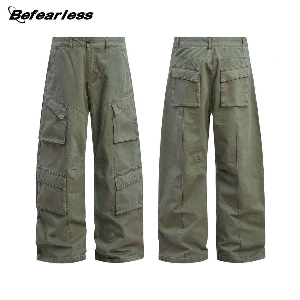 American Style Washed Vintage Scimitar Cargo Unisex Trendy Loose Niche Curved Multi-Pocket Casual Long Pants B5