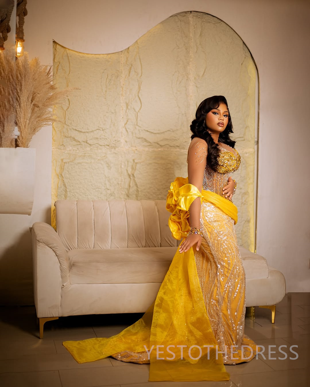 2025 Mermaid Plus Size Yellow Prom Dresses For Black Women Aso Ebi Illusion Sheer Neck Long Sleeves Lace Flora Beaded Birthday Dress Second Reception 