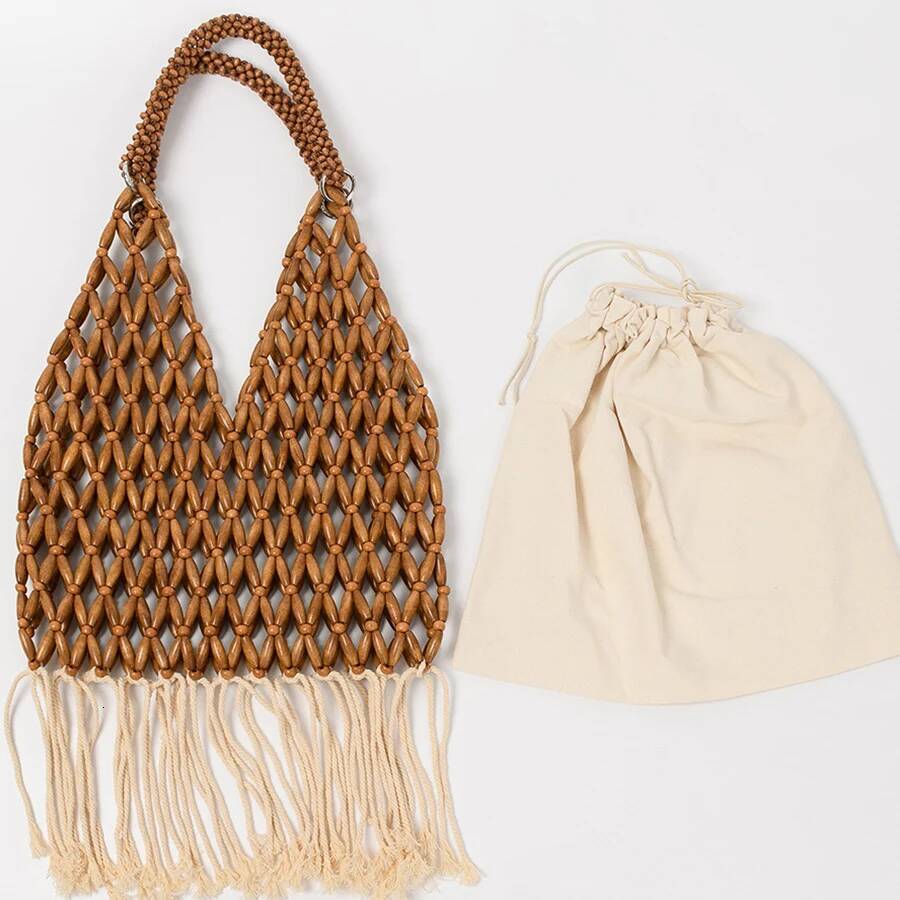 Summer Braided Bead Purse Handbags Solid Color Hollow-out Woven Tote Female Travel Fringe Beach Reticulate netted Canvas Clutch high-quality