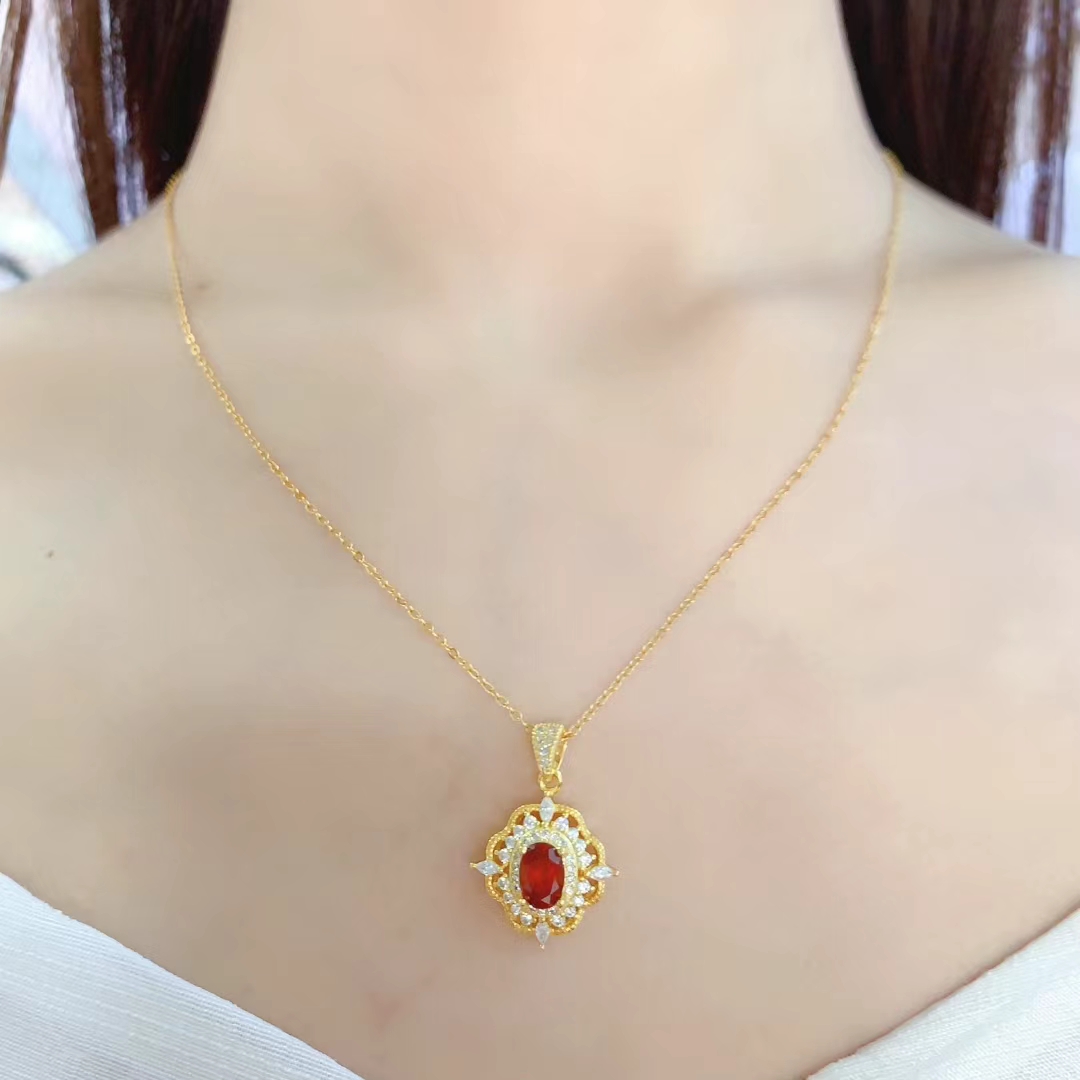18K gold plated 925 silver fanta garnet pendant 5mm*7mm natural garnet necklace pendant 45cm 925 silver necklace