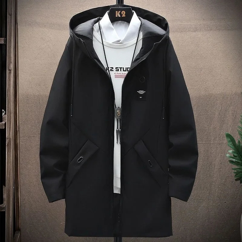 Spring and Autumn Fashion Trend Long Trench Coat Mens Casual Loose Comfortable Windproof Large Size Hooded 250813