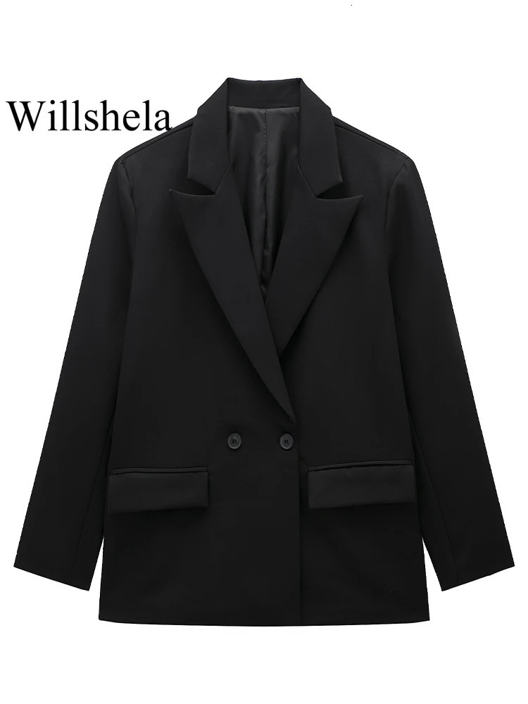 Willshela Women Fashion With Pockets Solid Double Breasted Blazer Vintage Long Sleeves Notched Neck Female Office Lady Outfits 250805