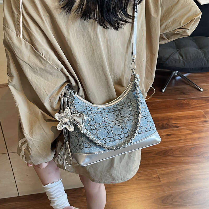 Summer New 2025 Denim Blue Rhinestone Sequin Fashionable High-End Single Shoulder Basket Handbag