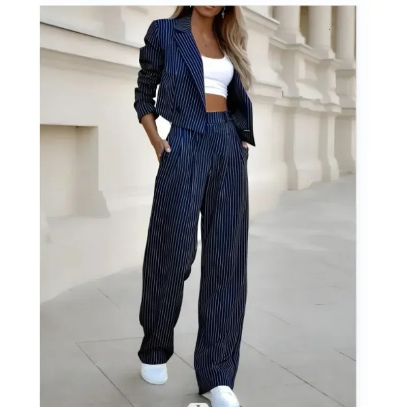 Mandylandy Casual Striped Suit Outfits Summer Short Style Lapel Trousers Stripe Blazer Coats StraightLeg Pants 250812