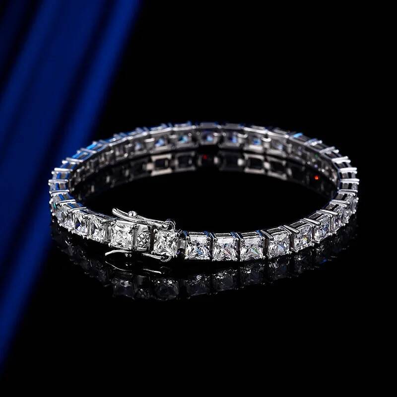 NKHOG Real 4mm Princess Cut Square Moissanite Tennis Bracelet Women Men S925 Silver Party Wedding Bangles GRA Fine Jewelry Gifts