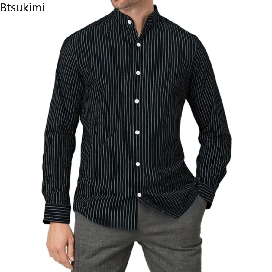 Spring Autumn Mens Casual Shirt Business Style Linen Striped Stand Collar Long Sleeve Cardigan 250813