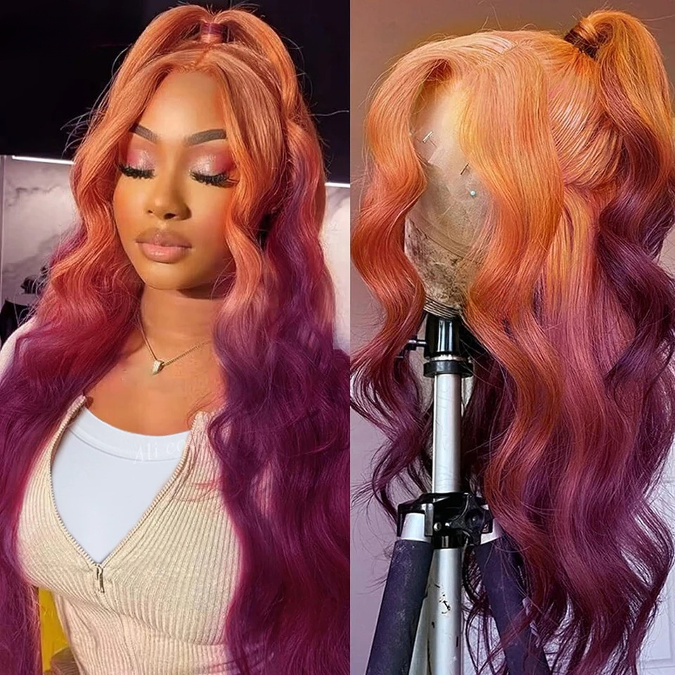 Ginger Purple Human Hair Wig Ombre Lace Front Wig Pre Plucked Body Wave Lace Frontal Wig 13x4 Orange Ginger to Dark Purple Glueless Wig Synthetic