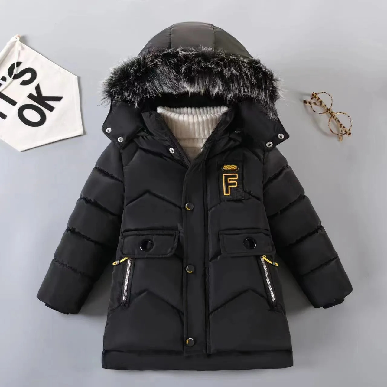 Style Winter Keep Warm Boys Jacket Letter F Fashion Lining With Plush Fur Collar Hooded Heavy Coat For Kids 250813
