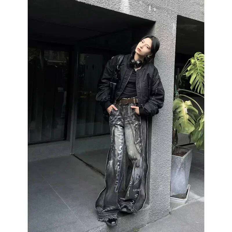 Women Black Gothic Y2k Graffiti Jeans Vintage Hip-hop Baggy Aesthetic Washing Fashion Striped Pants Korean Trashy Denim Trousers