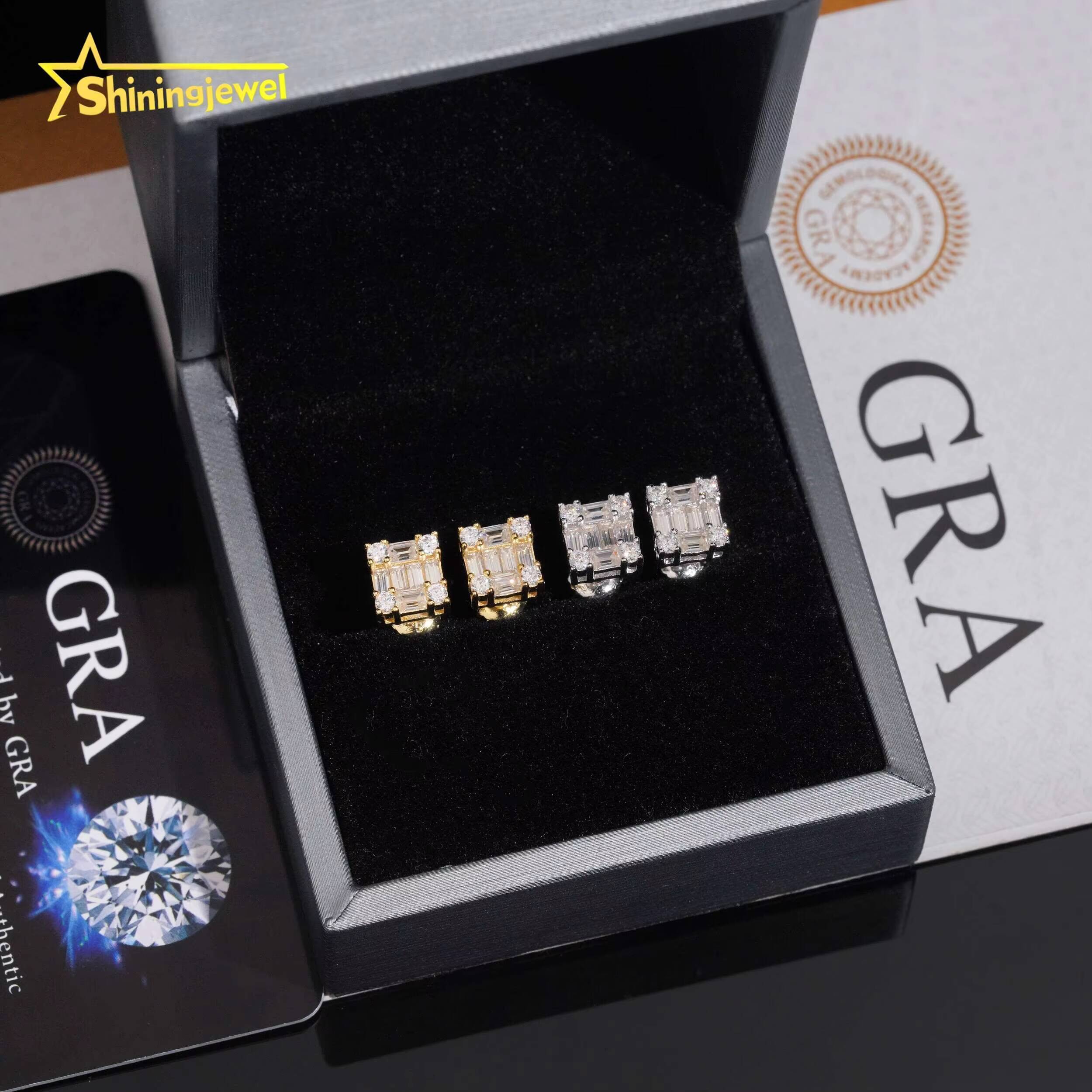 Jewelry Sier Emerald Cut Moissanite Dia Bling Special Design Iced Out Square Stud Earrings for Men