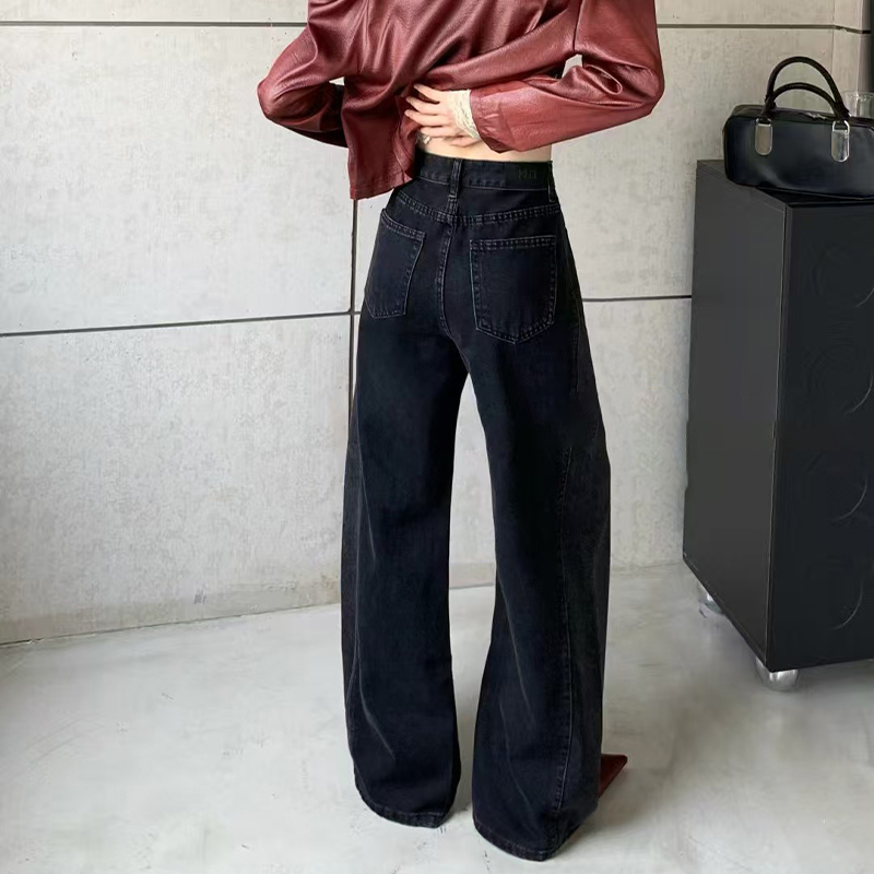 High-Quality Black Non-Elastic Wide-Leg Floor-Length Jeans