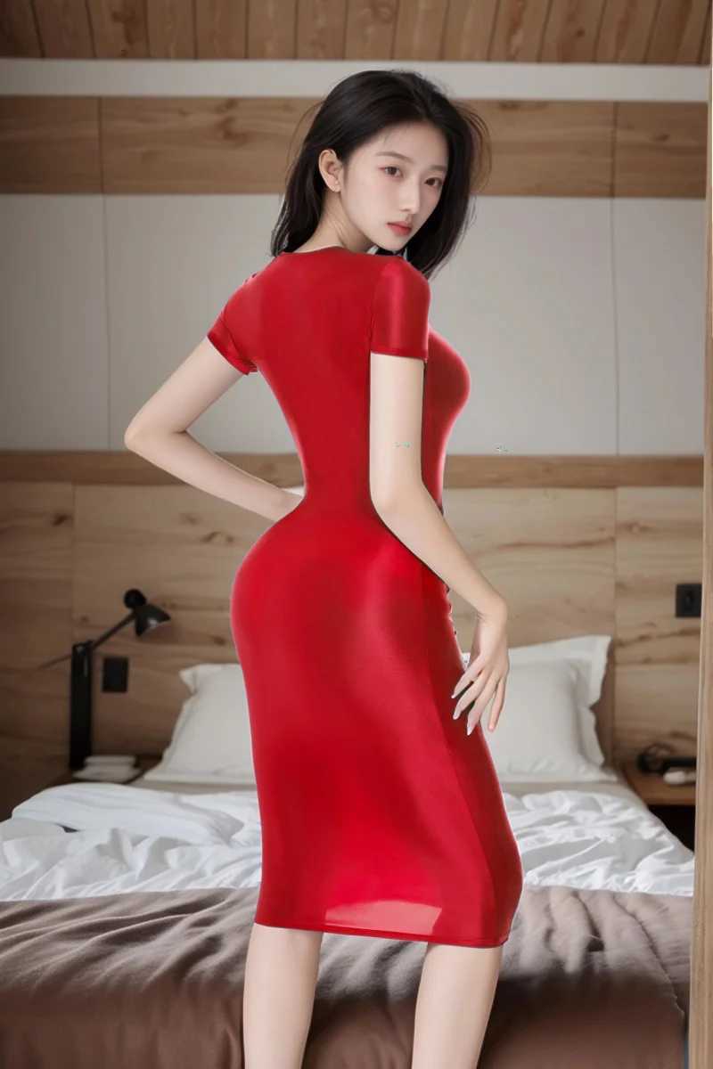 Sexy Women Sheer See Through Oil Glossy Micro Mini Dress Tight Packet Hip Step Dress Smooth Pencil Dress Candy Color XJ250814