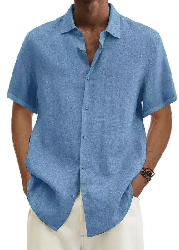 Basic Summer Mens Shirt Cotton Linen Shortsleeved Button Lapel Simple Top Casual Office Blouses for Male 250804