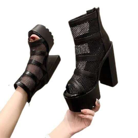 Peep Parker Gothic High Heel Sandals for Women, Zipper Rinse Boots, Breathable Mesh, Waterproof Platform Boot, Summer, Black,