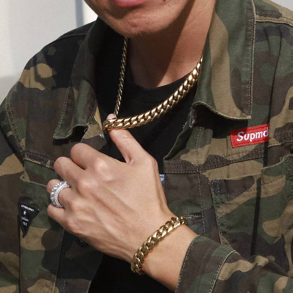 KRKC Wholesale Jewelry 8mm 10mm 12mm 18K Gold PVD Stainless Steel Miami Cuban Link Necklace Fold Over Clasp Mens Chains