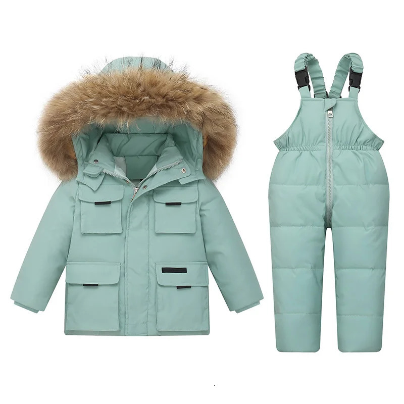 Kid Winter Warm 90% White duck down Jacket Toddler Girl clothes Overalls Baby Boy Coat parka real fur Children Clothing Set 2pcs 250813