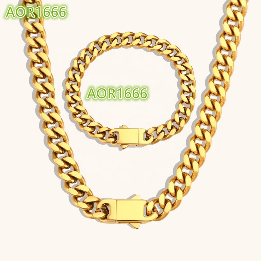 Wholesale Stainless Steel Jewelry Set 18k Pvd Gold Plated Icy Cuban Link Necklace and Bracelet