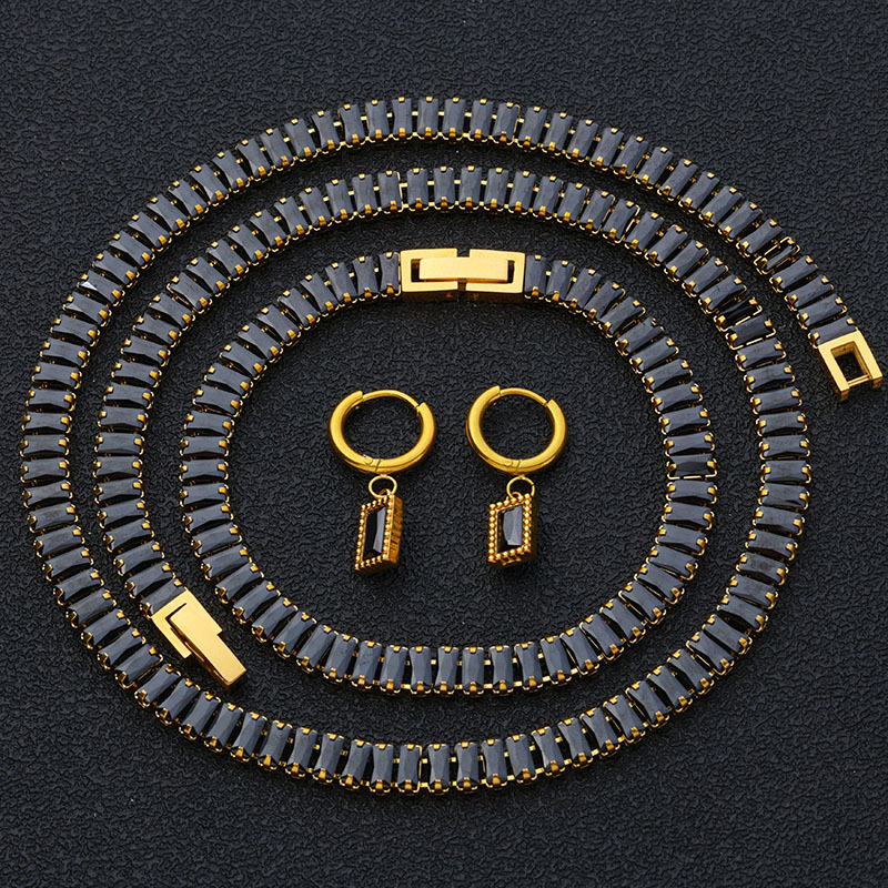 6mm Stainless Steel Black Cubic Zirocn Tennis Chain Necklaces Bracelet Earrings