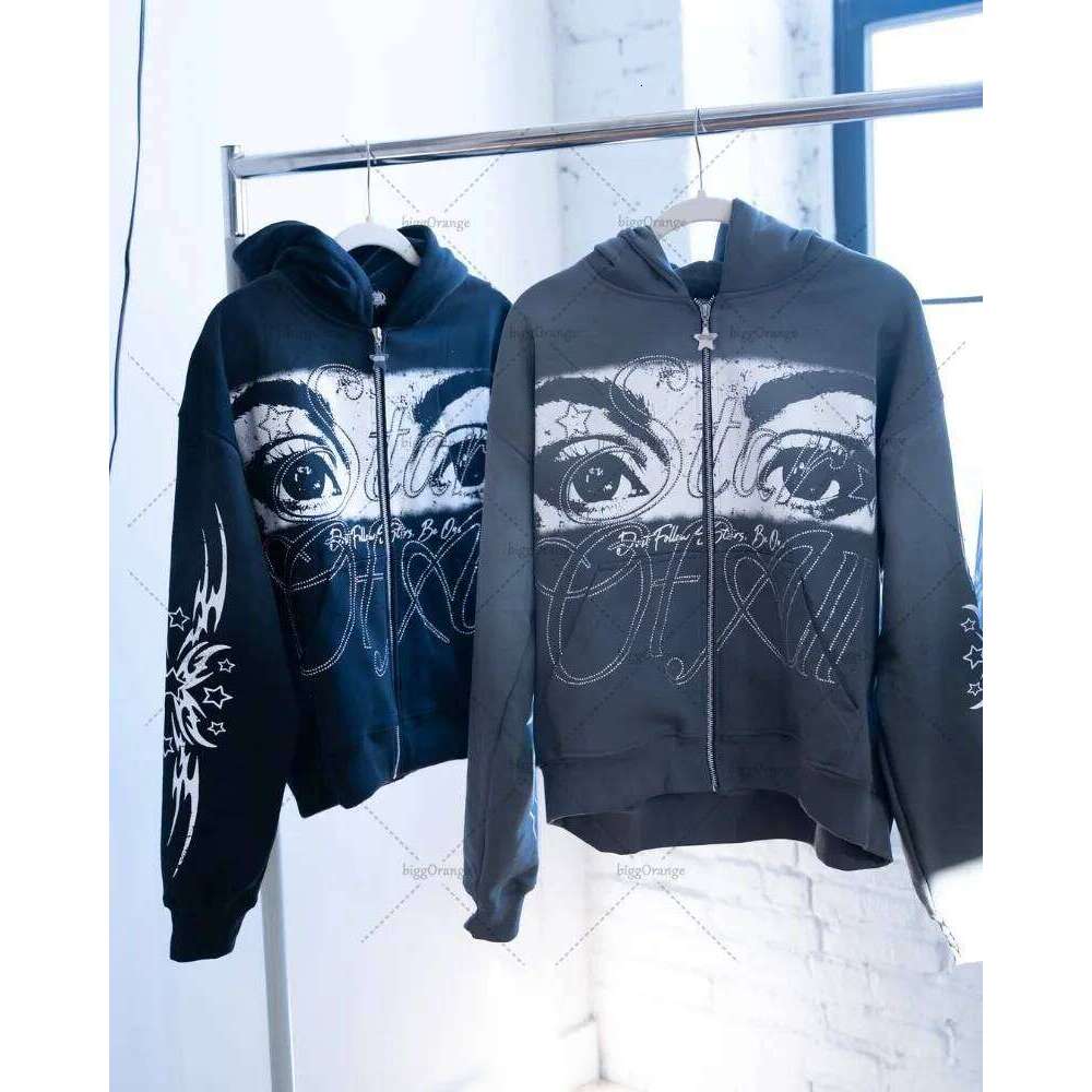 Y2k Haruku Retro Eye Pattern Casual Loose Zipper Hoodie Men American Street Hip-Hop Fashion Punk Oversized Sweatshirt Women