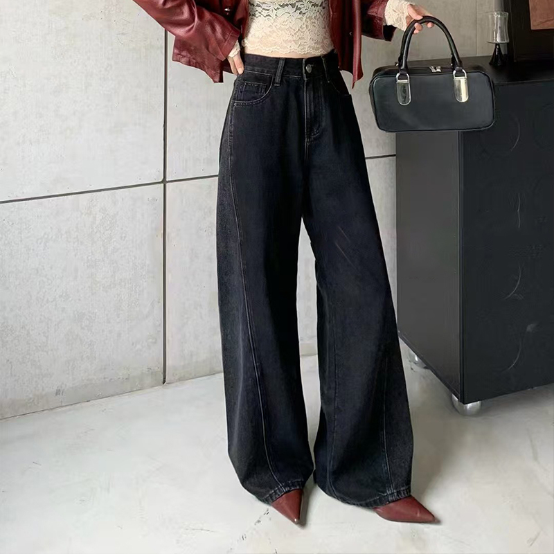 High-Quality Black Non-Elastic Wide-Leg Floor-Length Jeans