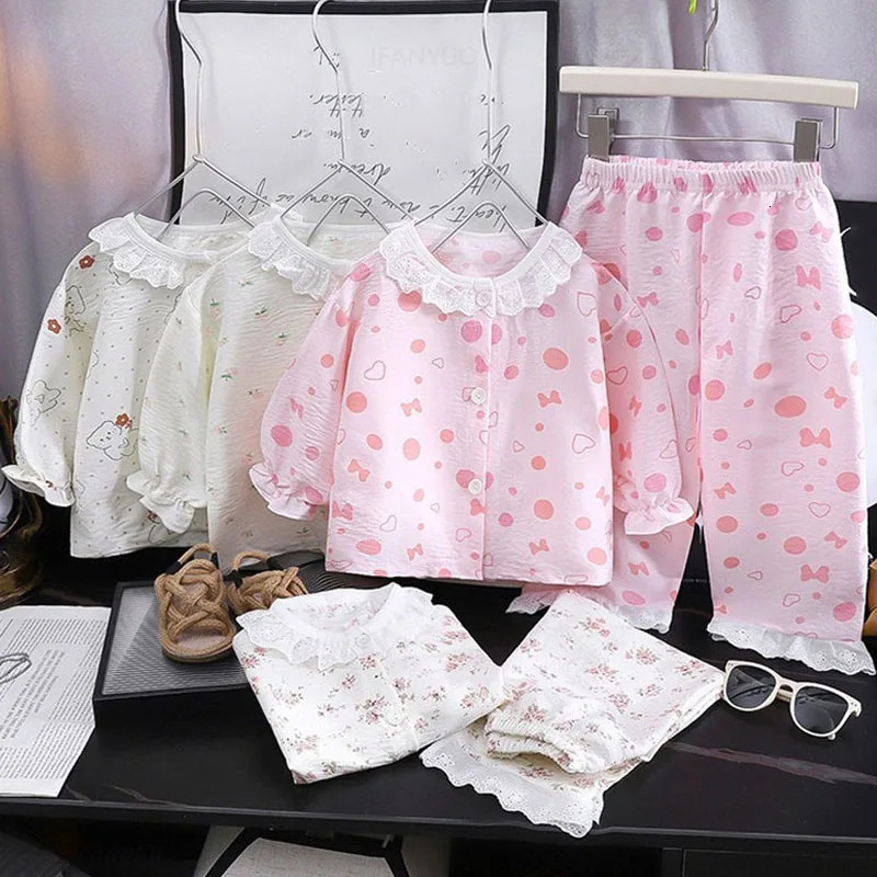 Girls Kids Home Clothes Set Loose Thin Baby Pajamas Fashion Lace Floral Princess Children Air Conditioner Long SleevePants 250813