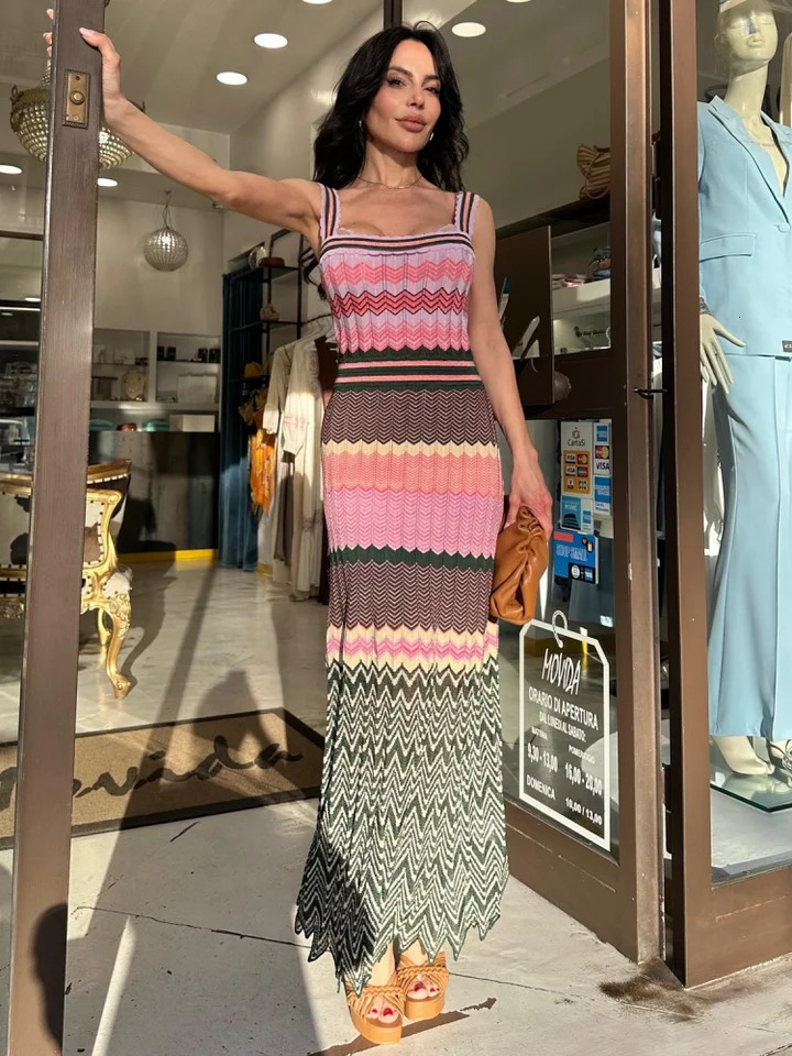 Striped Knitted Halter Dress Slimming Waist Cinching Color Patchwork Sexy Suspender Robes Beach Women Fashion Strap Long Dresses 250813