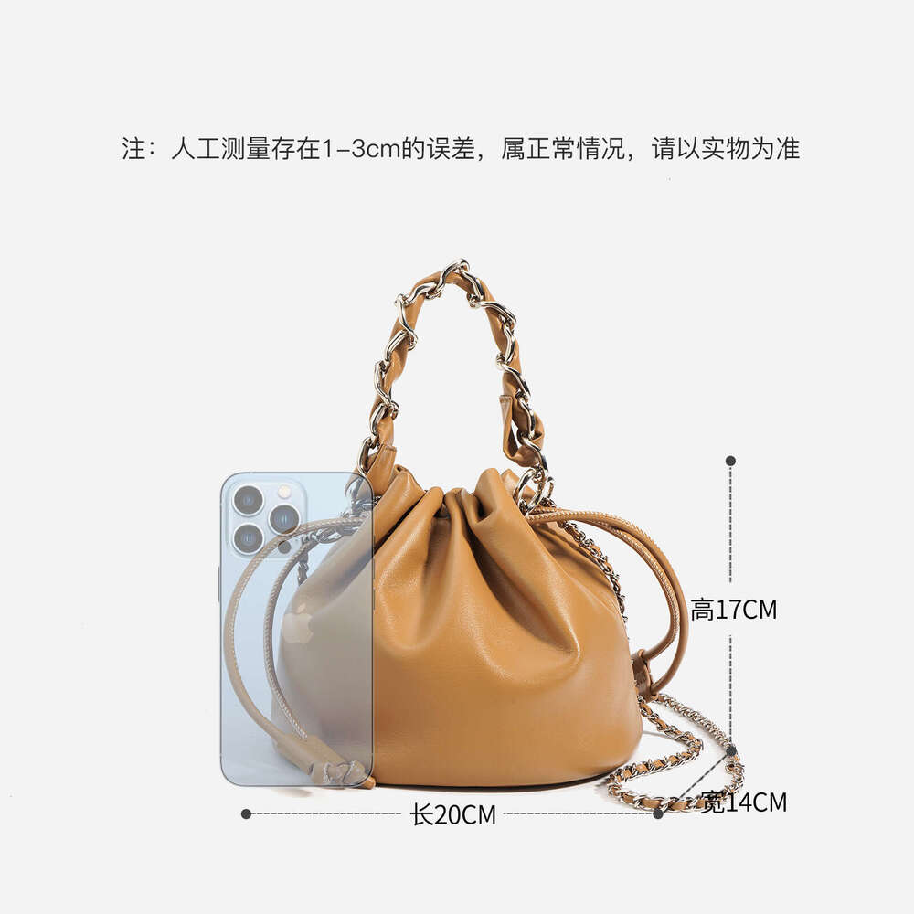 2025 New Textured Genuine Leather Drawstring Crossbody Bucket High-End Versatile Handbag Small Chain Shoulder Bag For Women