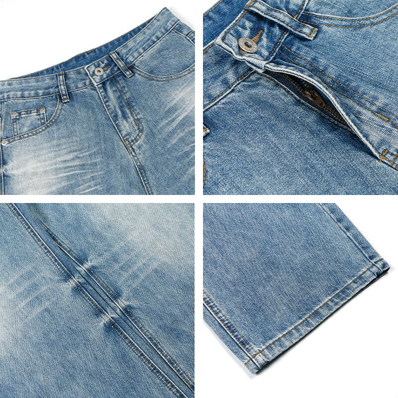 American Style Washed Cat Whiskers Clean Fit Straight Wide Leg Jeans Trendy Brand High Street Loose Men's Long Pants B5