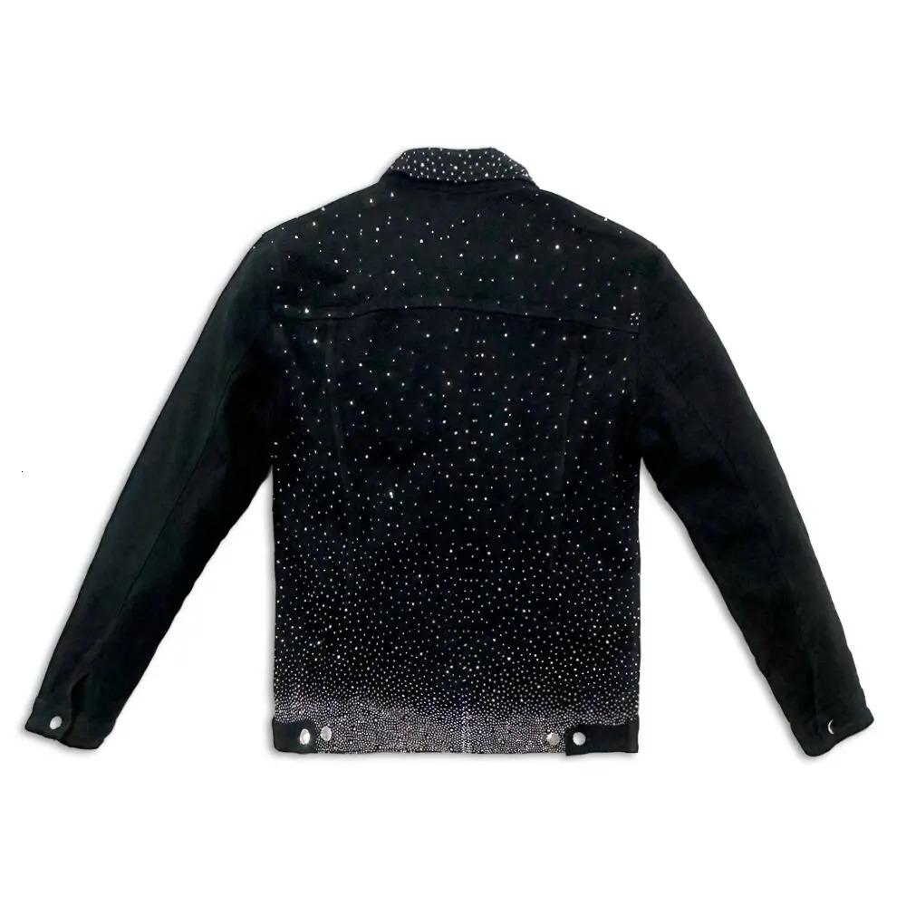 Original Black Denim Jackets For Men Slim Fit Stretchy Street Clothes Heat Press Rhinestone Males Jean Coat 250811