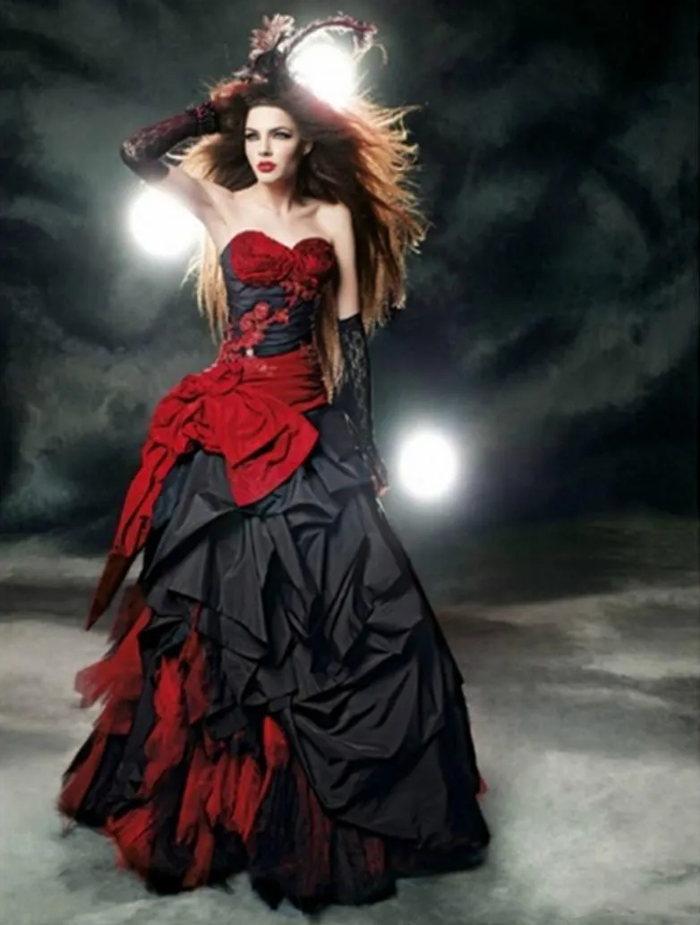 Red and Black Gothic Wedding Dresses Sweetheart Bow Lace Draped Taffeta Vintage Bridal Gowns vestido de noiva Custom