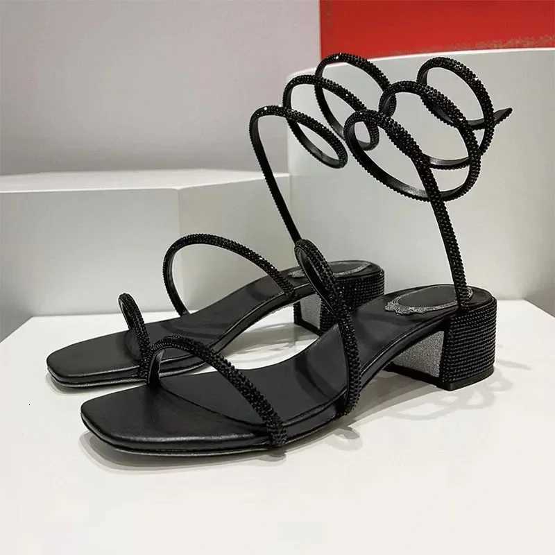 2024 Summer Crystal Sandals Women Ankle Snake Twine Around Wedding Shoes Female Square Heels Sandals Woman W250814