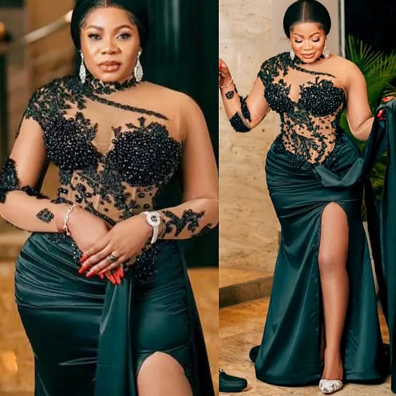 Black Mermaid Prom Dresses 2025 Lace Pearls Satin High Split Evening Formal Party Second Birthday Engagement Gowns Plus Size Dress For Special Occasio