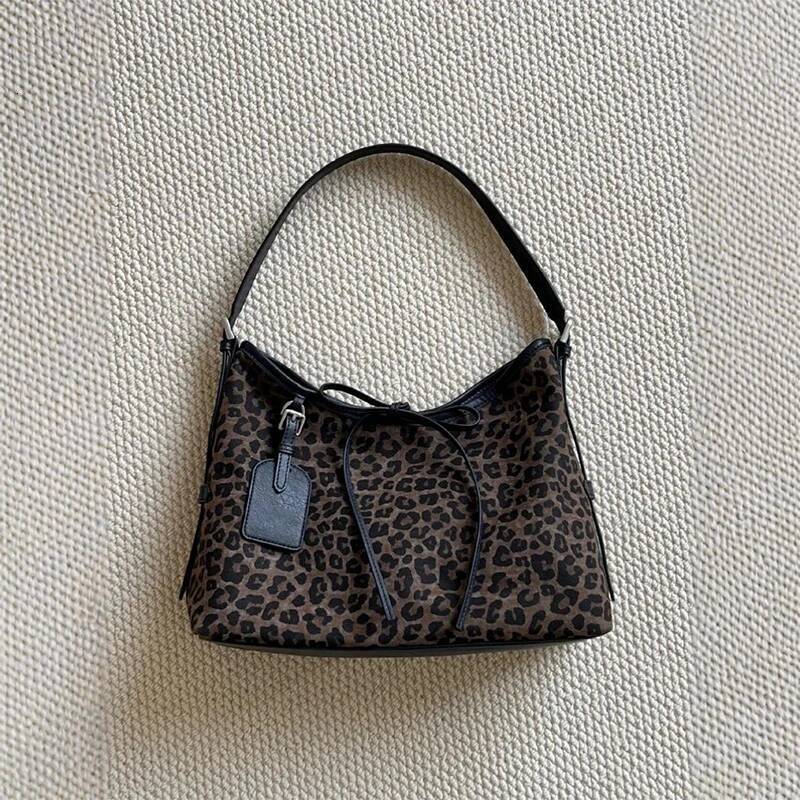 2025 Autumn New Women's Shoulder Bag Leopard Print Bow Shoulder Bag Niche Soft Leather Underarm Bag Casual Retro Handbag Autumn New Designer Bag