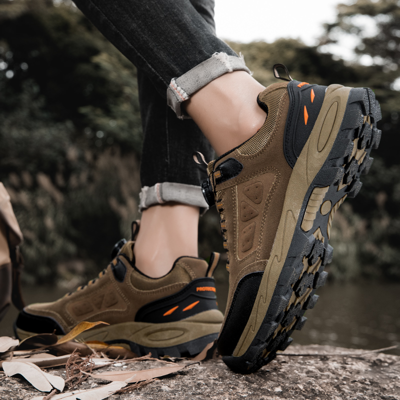 Men's genuine leather outdoor mountaineering shoes, summer city camel sports with rotating buttons, no shoelace tying, waterproof travel shoes