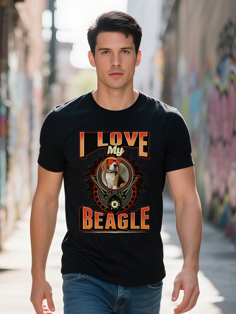 Men s Casual Graphic T Shirt in Red Fashion Glasses I LOVE MY Beagle Print Black Round Neck Summer Tee Pet Lover