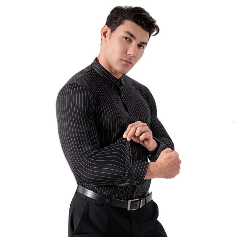 Spring Elastic Striped Shirt Mens Business Casual Shirt No Iron Long Sleeved Seamless Shirt Dress Shirts Basic Tops 250813