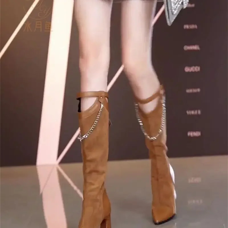 Ladies Knee High Shaft Shoes Chain Middle Heel Pointed Toe Womens Long Boots Spring Autumn Comfortable and Elegant Quality Sale 250812