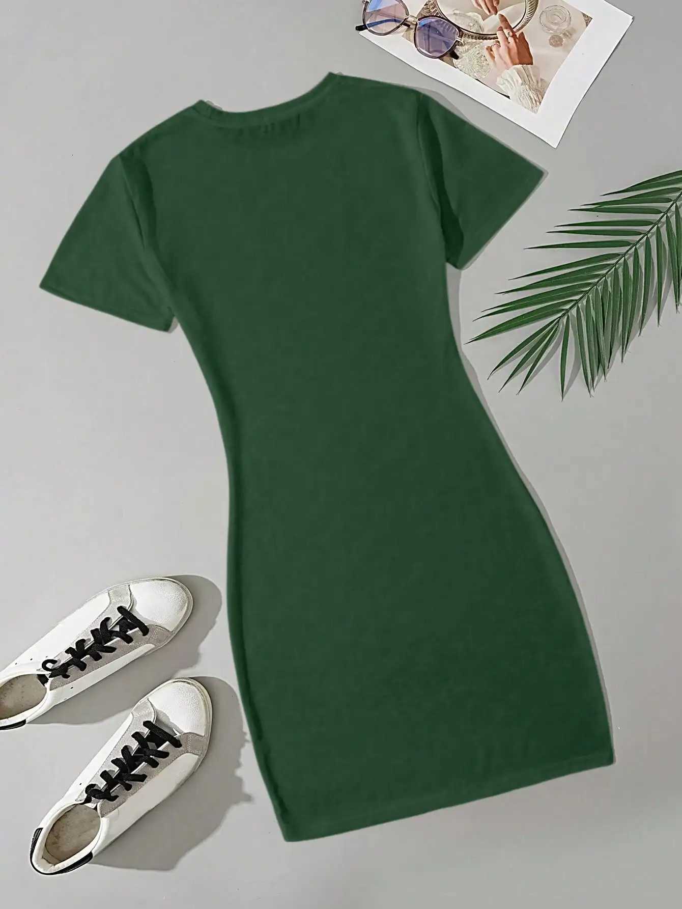 2024 New Summer Womens Fashion Simple Green Solid Color Casual Slim Fit Short Sleeve Round Neck Mini Dress XJ250814