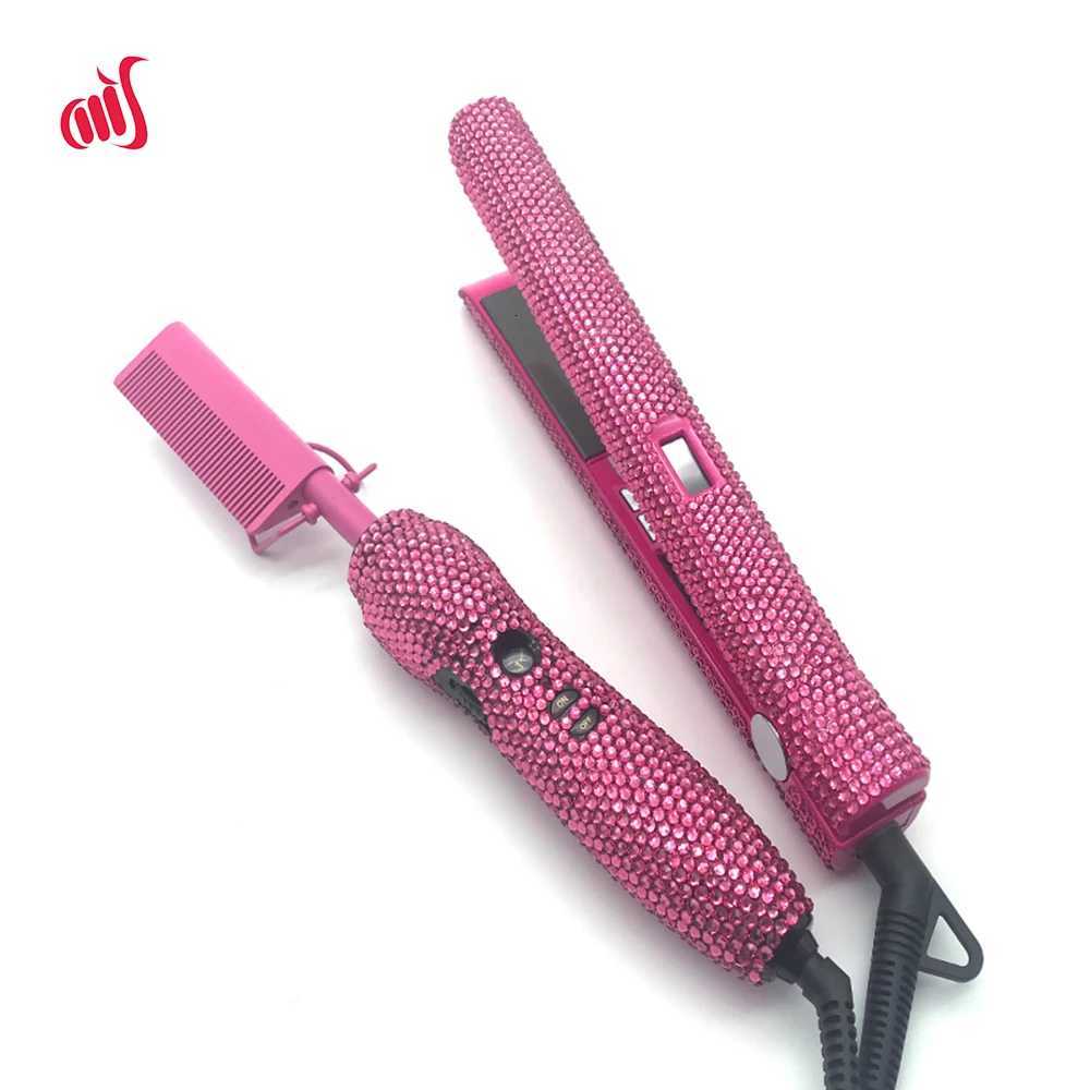 Hair Straightener and Hot Comb Set with Rhinestone High Heat Flat Iron Straightener Combo Heating Comb Hair Straightener W250814